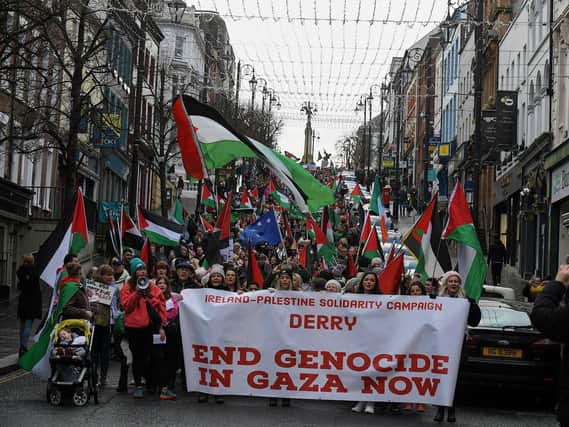 Thousands of protesters take part in a march and rally, in Derry on Saturday afternoon, calling for a ceasefire in Gaza.  Photo: George Sweeney