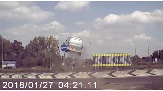 The van 'took off' from a roundabout on the A11 at Attleborough, Norfolk (Photo: SWNS)