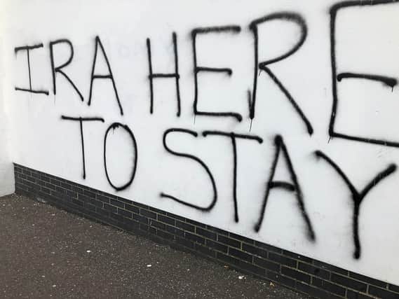 The graffiti appeared in the Creggan estate a few hours after the P.S.N.I. issued a statement confirming anonymity for anyone who provides evidence relating to the murder of 29 year-old journalist, Lyra McKee, in Creggan in April.