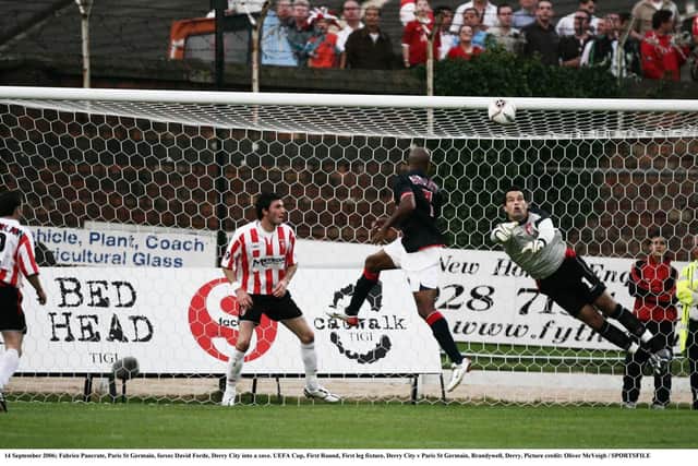 Fabrice Pancrate, Paris St Germain, forces David Forde into a save during the UEFA Cup, first round, first leg fixture at Brandywell in 2006.