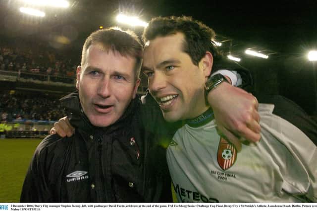 Former Derry City boss, Stephen Kenny and ex goalkeeper, David Forde celebrate the club's FAI Cup Final victory at Lansdowne Road in 2006.