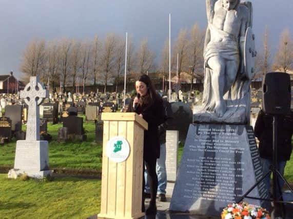 Riona Hutcheon, great granddaughter of Patsy Duffy reading a poem written by Patrick Pearse during the ceremony.