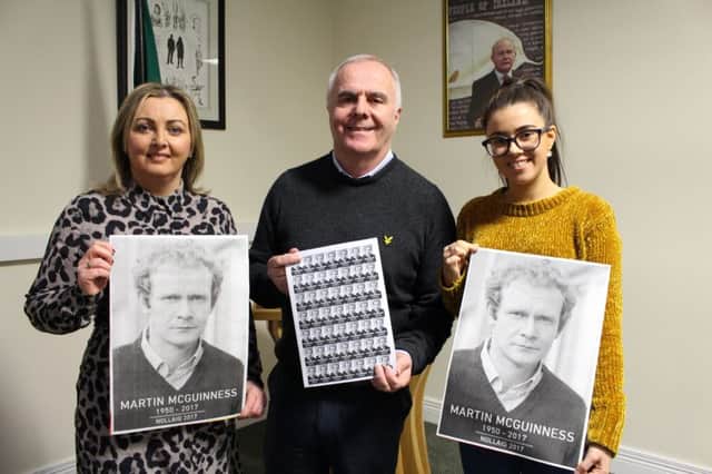 Karen Mullan MLA ,Raymond McCartney MLA and Sinn FÃ©in activist Lauren Hegarty with the new stamp.