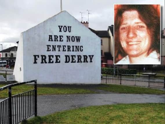 'Free Derry' Corner in the Bogside and pictured inset is I.R.A. hunger striker, Bobby Sands.
