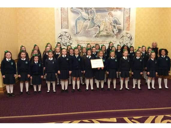 The 35-strong choir of pupils from St. Patricks Primary School, Pennyburn, pictured after their audition for RT at the Mullingar Park Hotel in October. They will make thier television debut tonight on the Late Late Toy Show, which kicks off at 9.35pm on RTE One.