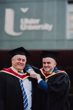 Celebrating Ulster Universitys winter graduation ceremonies 2017 at the Coleraine campus recently Father & Son Paul (left)  & Tony Ward graduating with an MBA. Picture John Murphy Aurora PA.