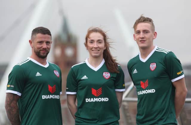 Derry City players Rory Patterson, Caoimhe Logue and Ronan Curtis pictured in the club's new 2018 away kit, which goes on sale in Emporium on Saturday.