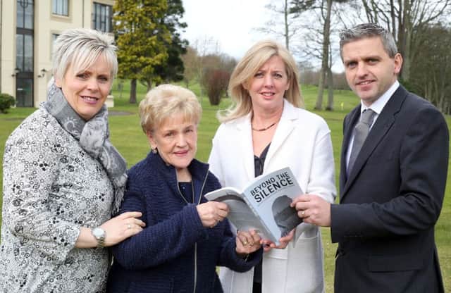 (L-R) Sharon Austin and Marie Newton are two of 28 women to recall their lost stories in a new anthology launched today. Beyond the Silence captures the intensely personal experiences of women during the Troubles and offers a glimpse of how ordinary families coped in extraordinary times. They are pictured with the Project Coordinator Carol Cunningham and International Fund for Ireland Chairman Dr Adrian Johnston.