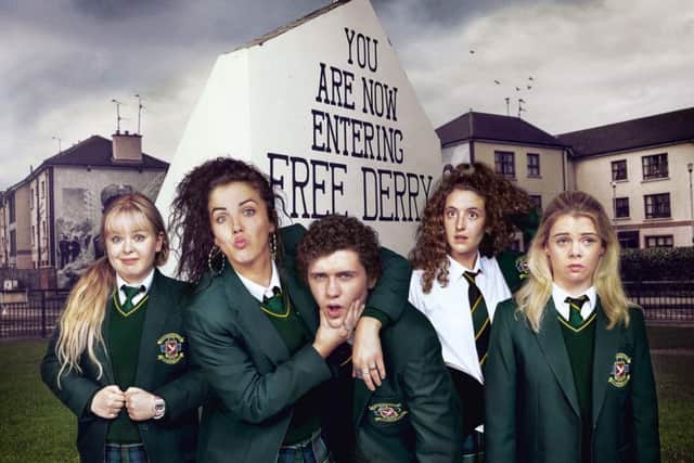 l-r: Clare Devlin (Nicola Coughlan), Michelle Mallon (Jamie-Lee O'Donnell), James Maguire (Dylan Llewellyn), Orla McCool (Louisa Clare Harland), Erin Quinn (Saoirse Monica Jackson) Picture by Adam Lawrence
