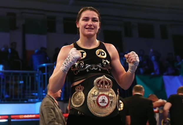 Katie Taylor celebrates victory over Jessica McCaskill during the WBA Lightweight World Championship bout at York Hall, London.