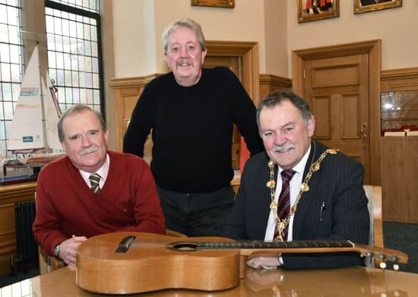 Pictured launching the 'All Along The Watchtower' Dylan Fest which will be shared between Derry and Moville from the 25th to 28th of August 2018 were, from left, Councillor Martin Farren, Donegal County Council, Gerry McLaughlin, festival organiser, and the Mayor of Derry & Strabane, Councillor Maoliosa McHugh. DER5117-148KM