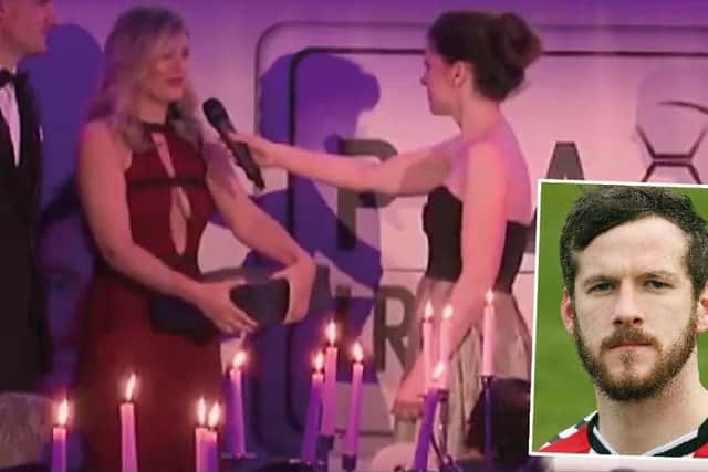 Irish sports presenter, Joanne Cantwell, interviewing Ryan McBride's sister, Caitlin McBride and team-mate, Gerard Doherty. Inset: Ryan McBride. (Video courtesy of eir Sport).