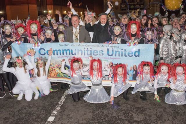 The Mayor Councillor MaolÃ­osa McHugh and Rev. David Latimer with carnival participants at the annual Halloween parade and Fireworks display. Picture Martin McKeown. INpresspics.com. 31.10.17