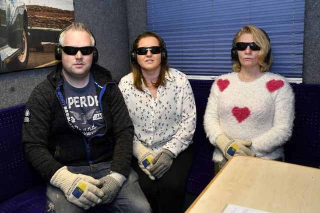 Lee Toland, Elaine McFeely and Wendy O'Hagan prepare to undergo The Virtual Dementia Experience at Greenhaw Lodge. DER5117-151KM