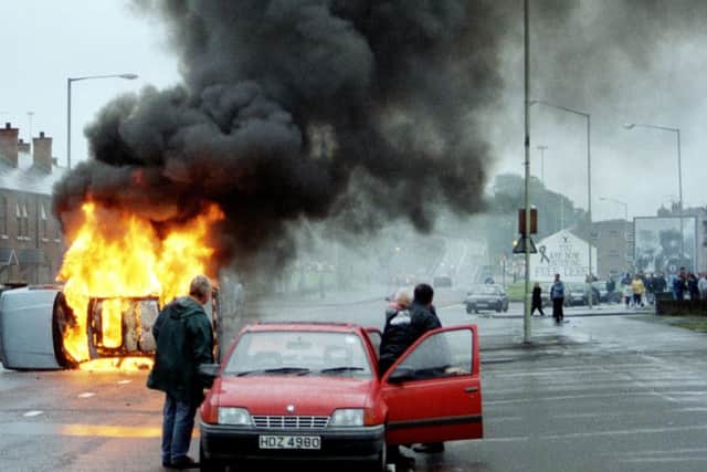 Vehicle on fire during riot in the Bogside (Hugh Gallagher)