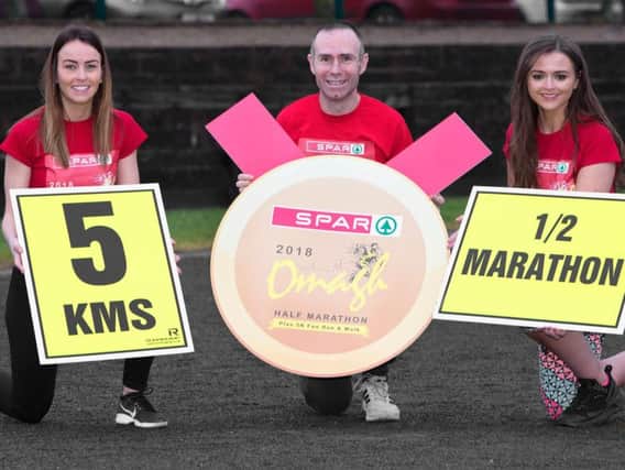 Haley Ballard, Gary O'Hanlon Current Irish Marathon Champion and Marir-Claire Caldwell Pictured during the Launch of the Spar 2018 Omagh Half Marathon at Omagh Leisure Centre