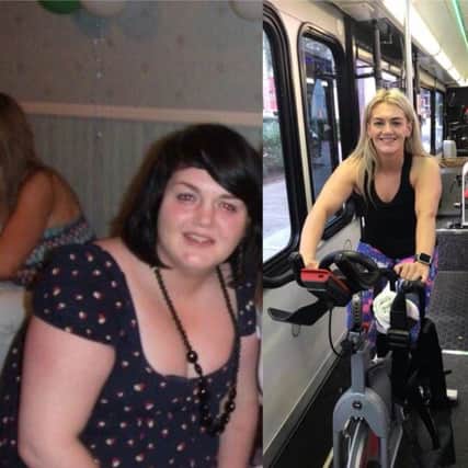 Aine pictured left in 2007 before she attended University in Leeds, and right, October 2017 taking the 'Bike Bus' in Boston.