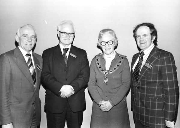 Pictured at a meeting between Donegal and Strabane Councils in 1978, are, from left, Norman McMorrow, clerk of the Strabane District Council, J.D. Williams, Donegal County Manager, Margaret Britton, chair of Strabane District Council, and Noel McGinley, chair of Donegal County Council.