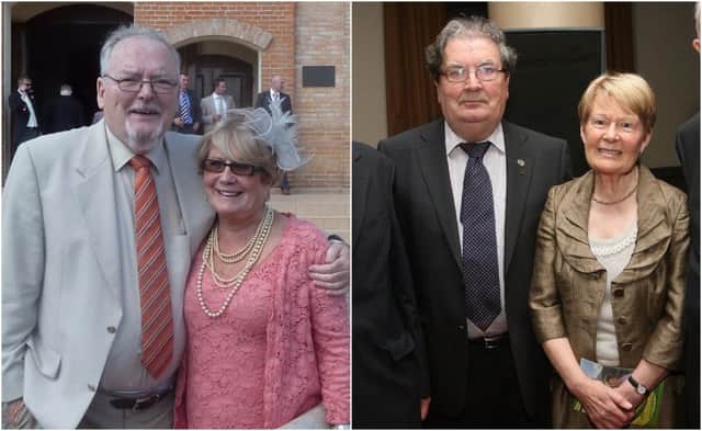 Classmates: Right- George Lavery pictured with his wife of 60 years Margaret on left, and right John Hume and his wife Pat.