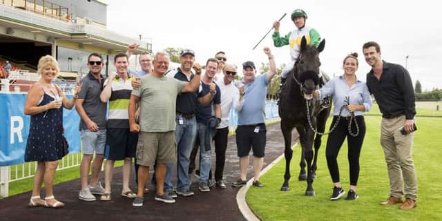 The Irish owners, trainers and jockey celebrate Irish Mosse's victory in her first major race in Perth  (Picture by Western Racepix)