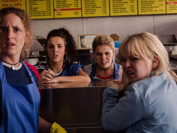 DERRY GIRLS: from left to right, Orla McCool (Louise Harland), Michelle Mallon (Jamie-Lee O'Donnell), Erin Quinn (Saoirse-Monica Jackson) and Clare Devlin (Nicola Coughlan). (Photo: Channel 4)