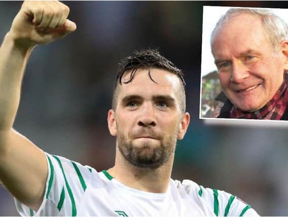 Brighton and Hove Albion and Republic of Ireland defender, Shane Duffy. Inset: the late Martin McGuinness.