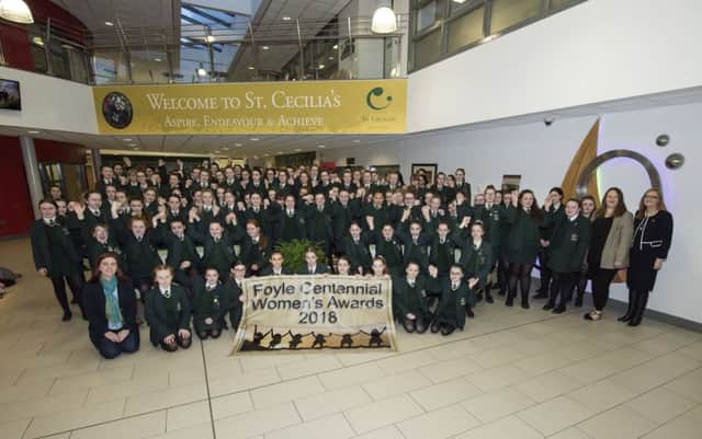 Some students from St Cecilias College had a double celebration on Wednesday morning last. House of Courage students celebrated their Term One success and also participated in the launch of the Foyle Centennial Womens Awards that takes place on 10th March next. Included in the photograph are Paula Dalton, Dove House, Niamh Cavanagh, Womens Advocacy and Martine Mulhern, Principal of St Cecilias College.  DER0518GS