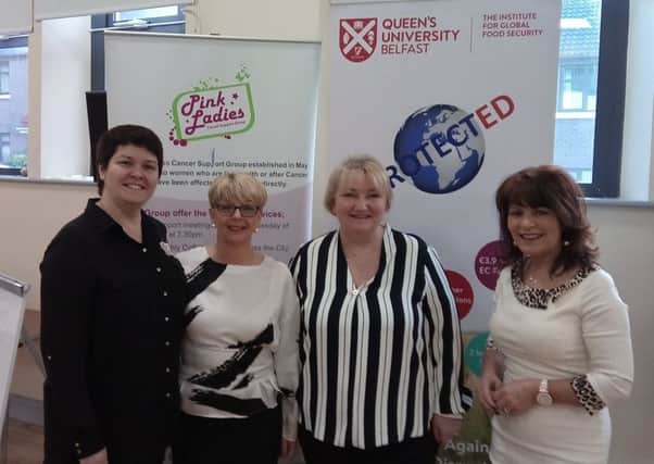 (L-R)  Pink Ladies Manager Maureen Collins and Co-Chair Jacquie Loughrey pictured with Dr Lisa Connolly, Queens University, Belfast and Margaret Cunningham, Facilitator, Pink Panthers at the World Cancer Day event in Derry.