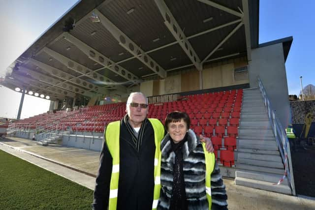 Mark Farren parents Michael and Kathleen on a recent visit the new Mark Farren stand in Brandywell Stadium.  DER0618GS014