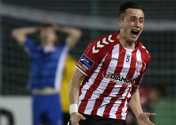 An emotional Aaron McEneff celebrates his goal against St Patrick's Athletic at Maginn Park shortly after the passing of his uncle.