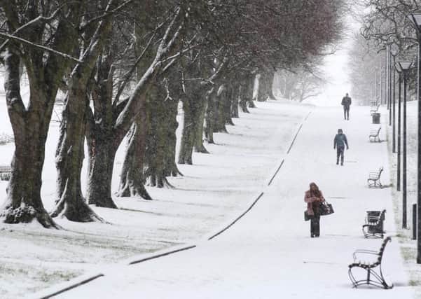 Snow Falls as workers make walk through Brooke Park, Derry