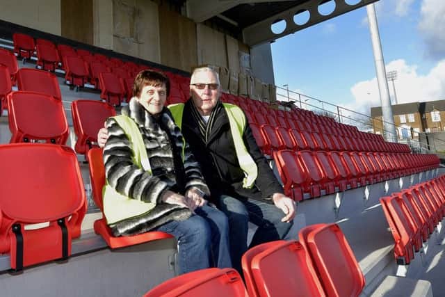 Mark Farren parents Kathleen and Michael sit for the first time in the new stand at Brandywell Stadium, named in honour of their late son.  DER0618GS015