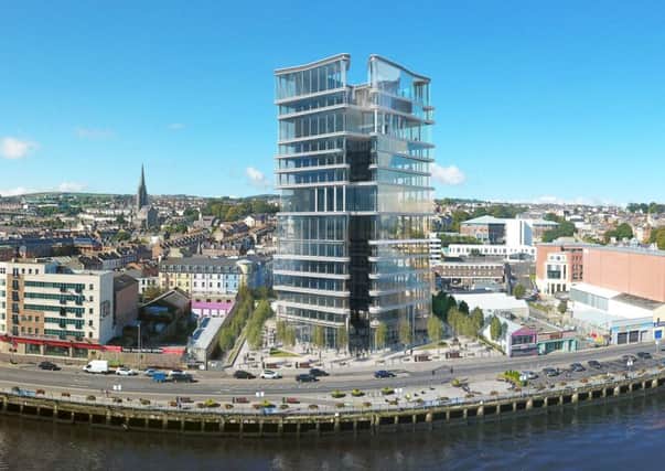 An artist's impression of the Â£20m, 18-storey building along Queen's Quay in Derry, which is subject to negotiations with the relevant authorities.