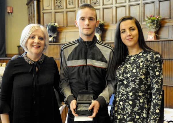 Gerry Conway Award for most Inspirational Young Person goes to Liam Burke also pictured is Jackie Conway and Derry Girl Jamie Lee OÂ’Donnell.