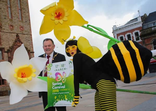 Mayor of Derry City and Strabane District Council, Councillor Maoliosa McHugh, pictured with busy bee Rachel Melaugh from In Your Space, launching the programme for the St Patricks Spring Carnival. (Photo - Tom Heaney, nwpresspics)