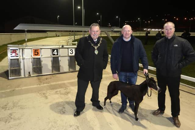 Mayor of Derry City and Strabane, Councillor Maolosa McHugh pictured with Daniel McLaughlin, Brandywell Greyhound Racing Company, and Steve Setterfield, Operations Manager, Derry City and Strabane District Council.