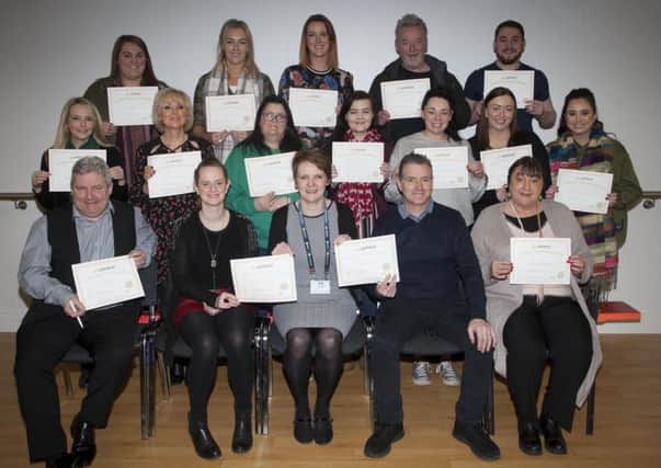 SUICIDE PREVENTION TRAINING AT STUDIO 2. . . . Participants pictured after receiving their certificates on completion of the safeTALK Suicide Alertness For Everyone training session held at Studio 2, Skeoge Industrial Estate, Derry on Tuesday morning. The training, part of the Clear Project (Derry Healthy Cities) and funded by the Public Health Authority) saw groups from across the city take part including Greater Shantallow Community Arts, Praxis Care, Foyle Floating and Rainbow Child and Family Centre Support. Front centre is facilitator, Brenda Morris, Clear Project Manager.