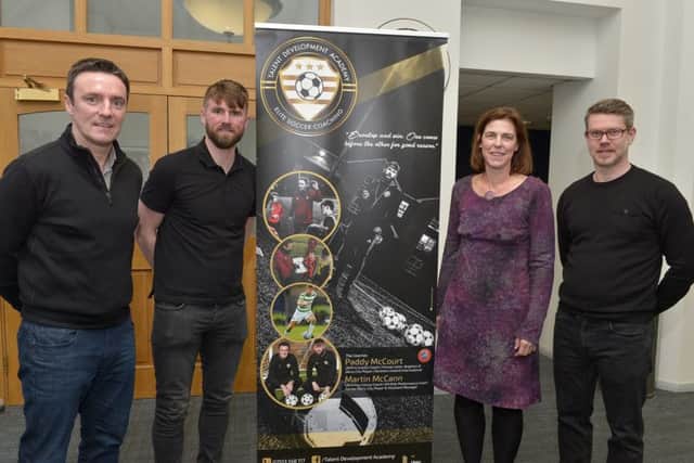 Marty McCann, Paddy McCourt, Professor Alison, Ulster University and Donal Doherty, from Back In Action, pictured at the Talent Development Academy Elite Soccer Coaching event held at the Magee Campus of the Ulster University.  DER0818GS013