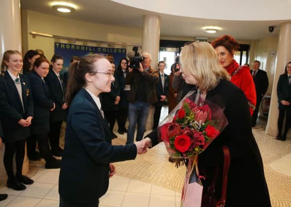 Press Eye - Belfast - Northern Ireland - 4th March 2018 -  

Secretary of State for Northern Ireland Karen Bradley MP began a day of engagements in Londonderry on Monday 5 March 2018 with a visit to Thornhill College where she toured the school, met staff and pupils, and heard about the impact of the current political situation on the education sector.

Photo by Kelvin Boyes / Press Eye.