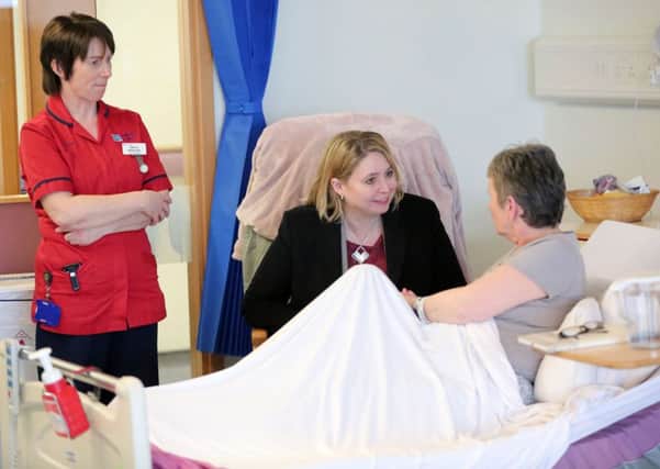 Press Eye - Belfast - Northern Ireland - 5th March 2018 -  

Visiting Londonderry on Monday 5 March 2018, Secretary of State for Northern Ireland Karen Bradley MP toured Altnagelvin Area Hospital's A&E unit and visited the hospital's Cardiology and Orthopaedic Wards to meet clinical leads and patients and hear first-hand about the care the hospital provides as well as the challenges faced by the health sector.

Secretary of State for Northern Ireland Karen Bradley is pictured with patient Marion Campbell and Nurse Marie McGrellis during her visit to the hospital.

Photo by Kelvin Boyes / Press Eye.