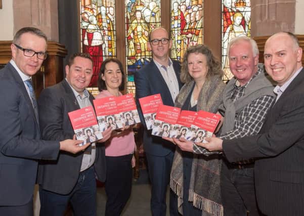 Diarmuid Murphy Brand Manager with Simply Better at Dunneâ¬"s Stores, Chef Neven Maguire Simply Better Ambassador, Aeidin McCarter, Head of Culture, Derry City and Strabane District Council, Chef Brian McDermott, Host, Mary and Sally McKenna, 100 Best Restaurants in Ireland authors and Martin Graham, Tourism Northern Ireland, pictured during the Taste Our Best Conference in the Guildhall. Picture Martin McKeown. Inpresspics.com. 05.03.18