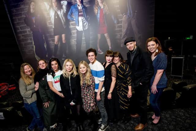 Some of the cast and crew of Derry Girls with writer Lisa McGee (far right) pictured at the premiere in the Bowling Alley in Derry. (Photo Stephen Latimer)