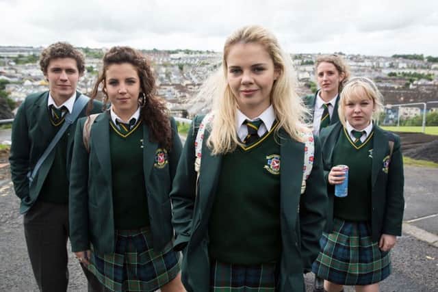 Derry Girls cast l-r:  James Maguire (Dylan Llewellyn), Michelle Mallon (Jamie-Lee O'Donnell), Erin Quinn (Saoirse Jackson), Orla McCool (Louisa Harland), Clare Devlin (NIcola Coughlan) (Photo: Jack Barnes)