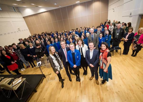 James Nesbitt, Magee Provost Malachy " NÃ©ill and St Mary's Principal Marie Lindsay with staff from Ulster University, and pupils from different schools, at St Mary's College. (Stephen Latimer)