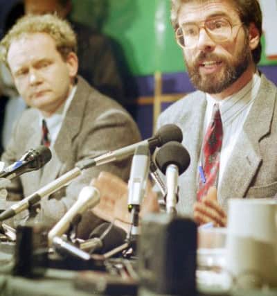 Gerry Adams and Martin McGuinness pictured at a press conference in the early 1990s.
