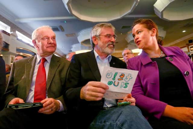 2014... Martin McGuinness, Gerry Adams and Mary Lou McDonald at a Sinn Fein conference in Belfast.