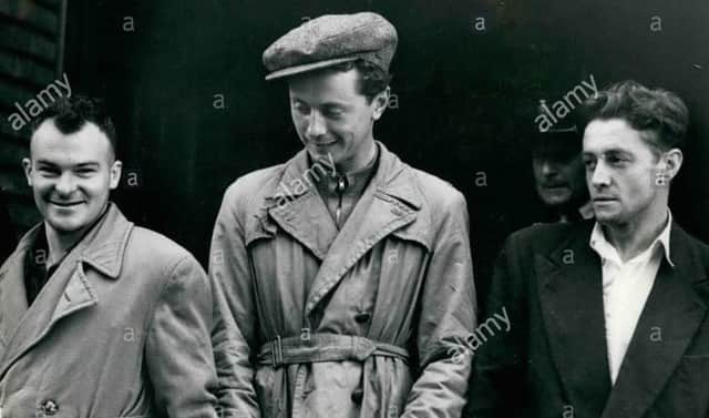 1953... Manus Canning (on left) with Sean MacStiofain and Cathal Goulding pictured leaving court after being remanded in custody in connection with a raid on a British Army barracks in England.