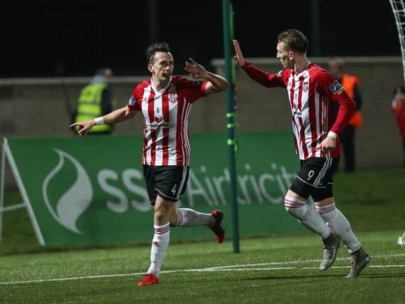 Derry City's Aaron McEneff celebrates with fellow goalscorer, Ronan Curtis as the Candy Stripes romped to a 5-1 win over Bray.