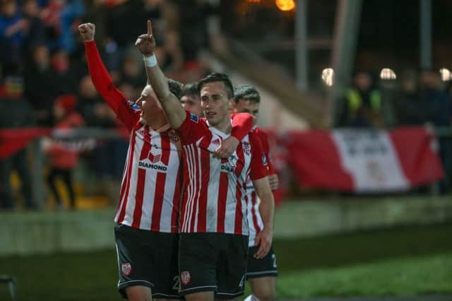 Aaron McEneff celebrates after his cheeky 'Panenka' penalty puts Derry City 3-0 ahead against Bray at Brandywell.
