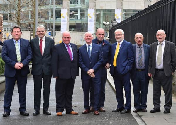 PACEMAKER BELFAST 17/02/2017 Members of the Hooded Men outside High Court in Belfast last year. The  group of men who claim they were tortured more than 40 years ago. Fourteen men claimed they were subjected to torture techniques after being held without trial in 1971. Picture By: Arthur Allison/Pacemaker Press